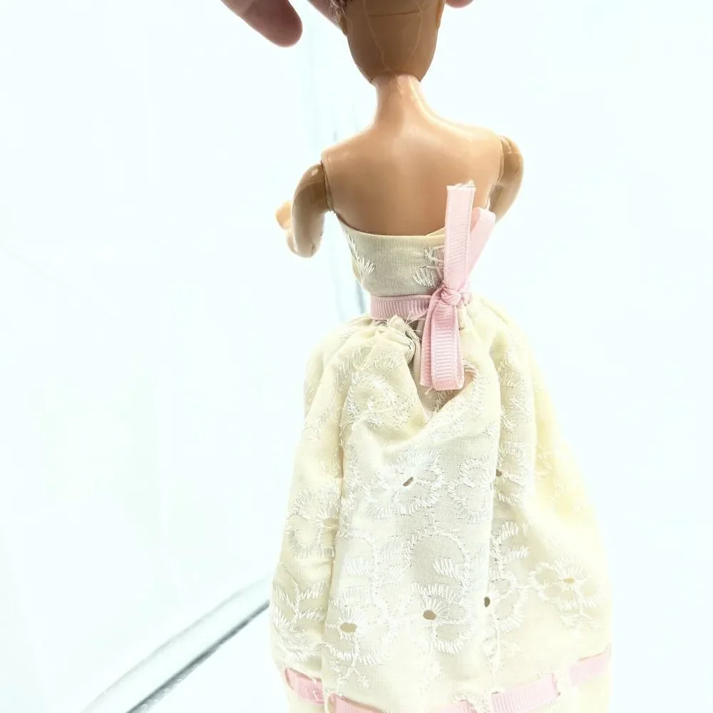 Doll Wearing Vintage White Long Ribbon Tie Up Lace Dress